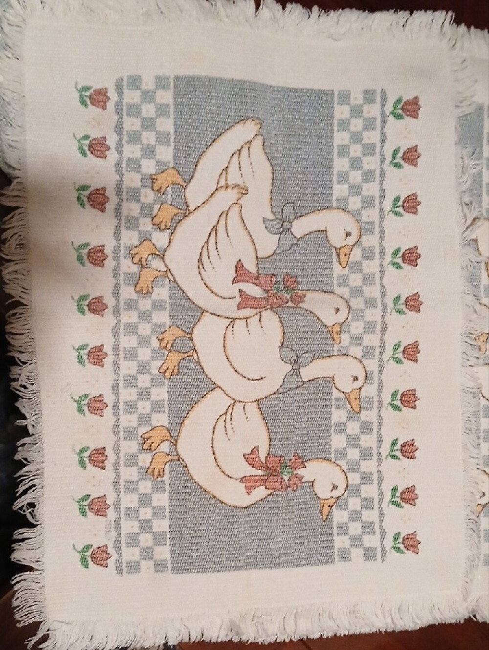 Set of Vintage Farmhouse Duck Fringe Placemats - Cream & Blue - Picture 3 of 4